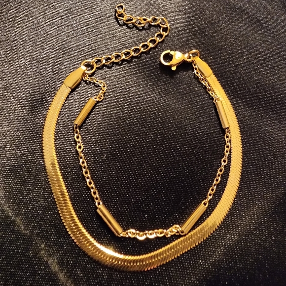 Slide Jewelry Stainless Double Layer Gold Herringbone & Link Bracelet. NIB - Picture 3 of 9